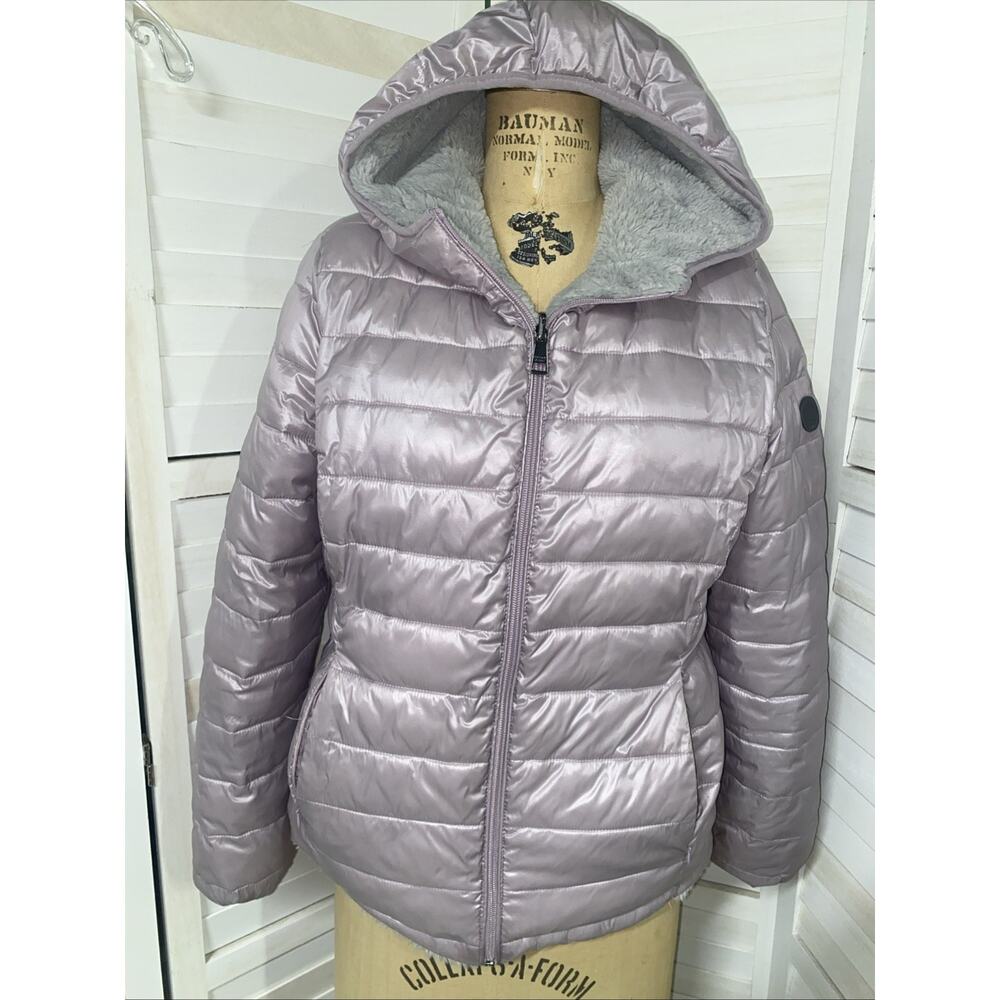 Andrew Marc Jacket Women’s Reversible Gray Fleece Purple Satiny Puffer Sz Med